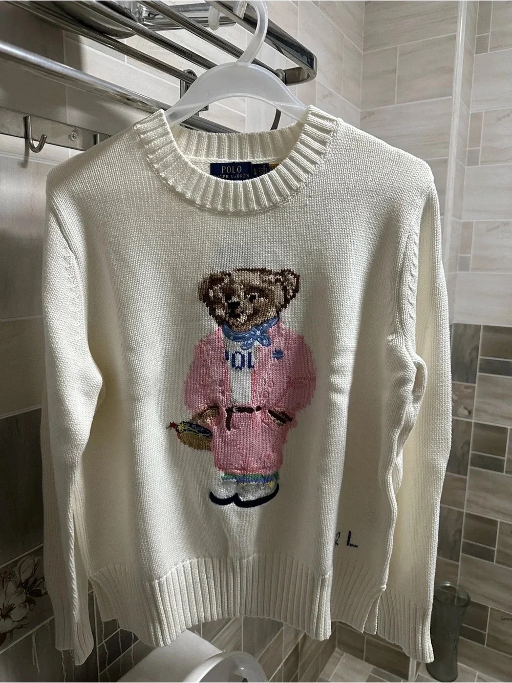 Polo by Ralph Lauren Cream Teddy Bear Crewneck Sweater with Pink Coat